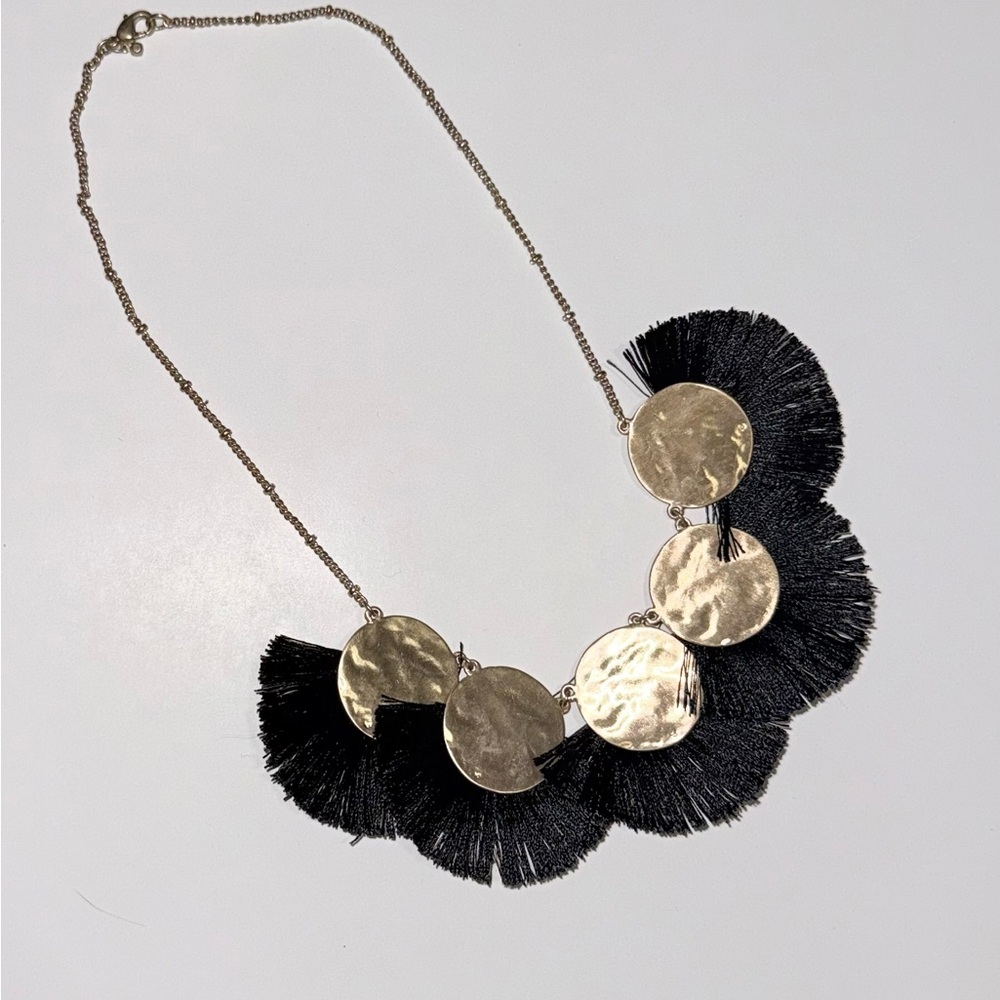 Hammered Gold Disc Necklace with Black Fringe - Women Jewelry